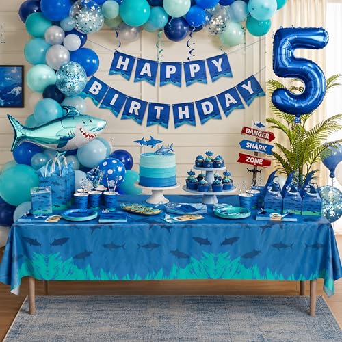 Image of Blue Orchards Shark Table Covers (Pack of 3) - 54 inch x 108 inch XL - Plastic Tablecloths for Birthday, Ocean Theme Decorations, Under the Sea Party Supplies, Sea Animal Party for Kids