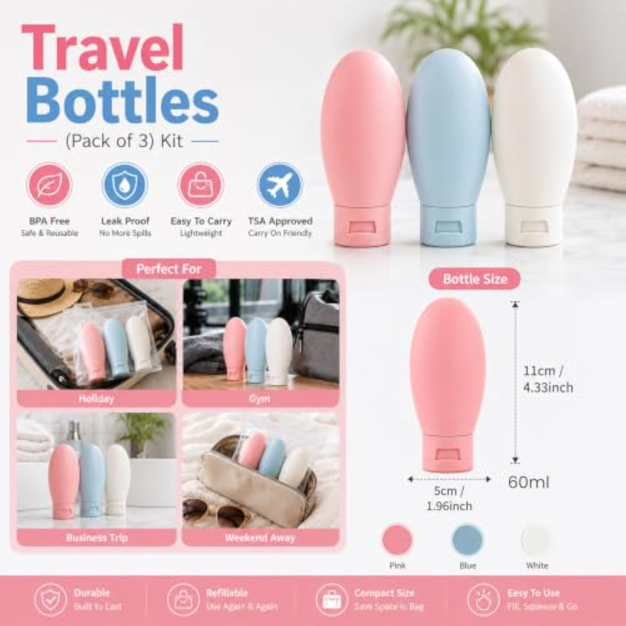 Travel Bottles for Toiletries, Leak-Proof Silicone Containers