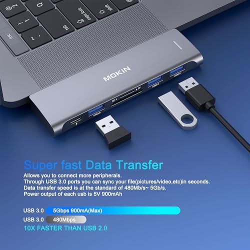 USB C Adapter for MacBook Pro/Air M1 M2 2021 2020 2019 2018,MOKiN Hub MacBook Pro Accessories with 3 USB 3.0 Ports,USB C to SD/microSD Card Reader and 100W Thunderbolt 3 PD Port - 2