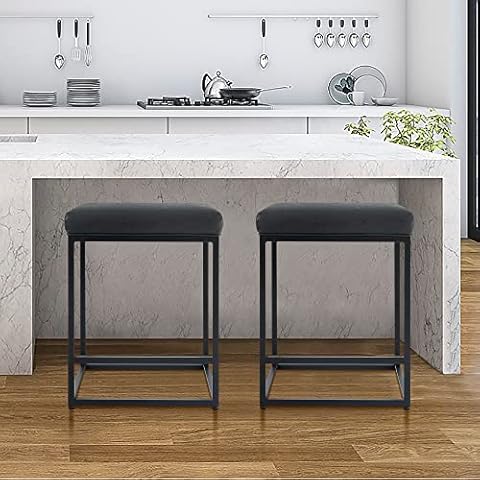HERA'S PALACE Black Barstools Set of 2 Counter Height Bar Stools, 24" Bar Stool Leather Bar Chairs with Footrest for Kitchen, Dining Bar, Indoor Cover