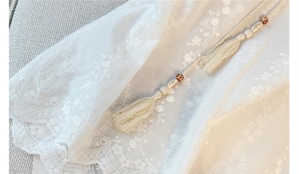 Camicetta da donna con ricamo vintage con nappa, con maniche a sbuffo e scollo a V, estiva, ampia e