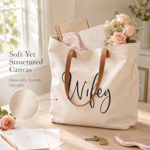 Image of ELEGANTPARK Wifey Tote Bag for Bride - Large Canvas Wedding Bag with Zipper - Bachelorette Party Engagement Gift, Honeymoon Beach Travel Bag