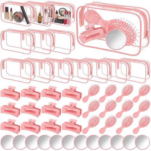 Abbylike 48 Pcs Spa Party Favors Bulk for Women Girls Pink Beauty Self Care Gift Set with Makeup Bag Mirror Hair Brush and Clips Bridal Shower Birthday Party Favors Supplies Beauty Stocking Stuffers