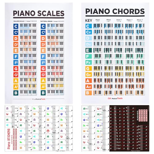 WANDIC Piano Chord Scale Chart Set, 2 Detailed Charts & 2 Sheets Keyboard Stickers for Beginners, White
