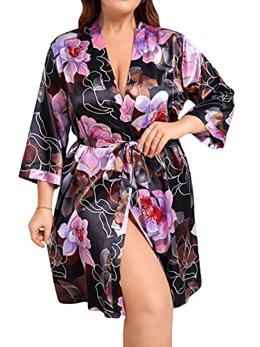 Wdirara Women's Plus Size Satin Robe Floral Print 3/4 Sleeve Belted Kimono Silky Robe Black Purple Multi 3Xl #TOP25