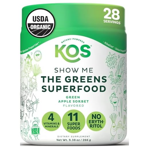 KOS USDA Organic Super Greens Powder - Plant Based Algae Superfood Blend with Spirulina, Chlorella & Wheatgrass - Keto, Vegan, Daily Green Juice Smoothie Drink - Green Apple Sorbet Flavor, 28 Servings