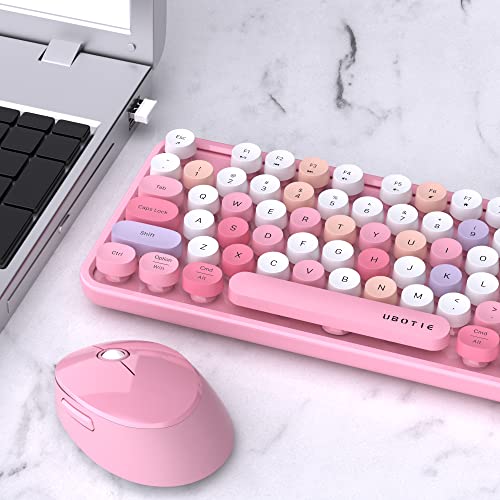 Ubotie Colorful Computer Wireless Keyboard Mice Combo, Retro Typewriter Flexible Keys Office Full-Sized Keyboard, 2.4Ghz Dropout-Free Connection And Optical Mouse (Pink-Colorful) #TOP2