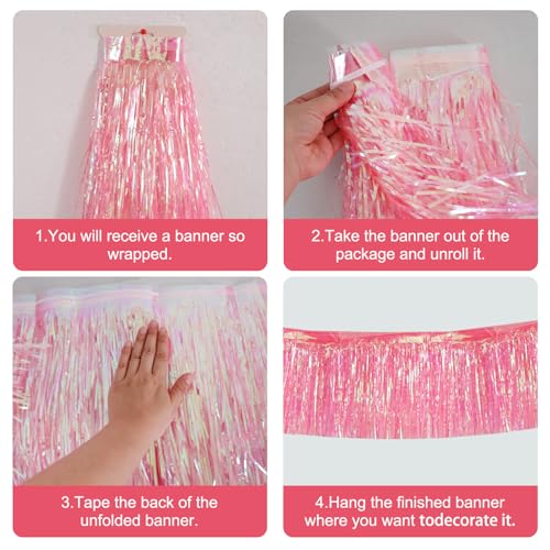 Image of BEISHIDA 3 Packs Metallic Foil Fringe Garland Shining Pink Wall Hanging Tinsel Fringe Banners for Car Floats Bridal Shower Wedding Birthday Easter Graduation Holiday Party Decoration(30 Feet)