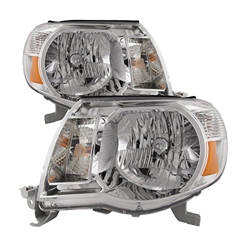 HEADLIGHTSDEPOT Chrome Housing Halogen Headlights Compatible with Toyota Tacoma 2005-2011 Base Model Without Sport Package Includes Left Driver and Right Passenger Side Headlamps