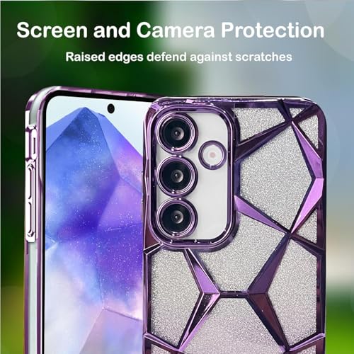 Image of VONZEE Gradient Glitter Clear Case for Samsung S25 Plus, Luxury Electroplated 3D Cube, Diamond Bling Shiny Soft TPU Clear Shockproof Women Girls Protective Phone Cover (Deep Purple)
