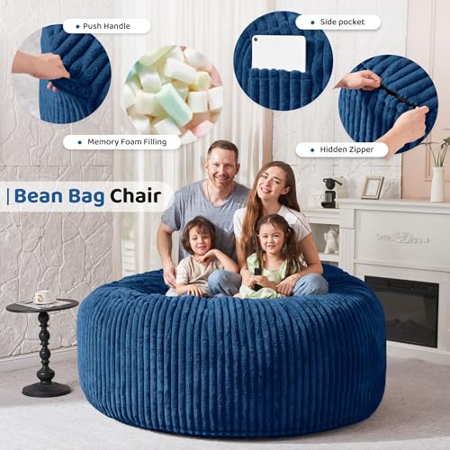 Image of HABUTWAY 6FT Bean Bag Chair, 6' Large Bean Bag Chairs for Adults with Removable Stripe Plush Cover, Memory Foam Beanbag Chair for Living Room Bedroom Dorm,Blue