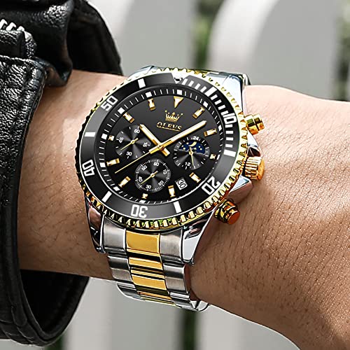 OLEVS Men's Watches with Date, Premium Gold and Silver Stainless Steel Analog Watches for Men, Classic Rotatable Bezel Men's Cuff Watches, Blue/Green/Black Dial3