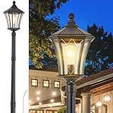SCNYCUL Outdoor Lamp Post Lights with Outlet, Dusk to Dawn Pole Lamp with Patterned Glass, Aluminum Waterproof Outside Street Lights, Hardwired Black Light Pole for Backyard, Garden, Driveway