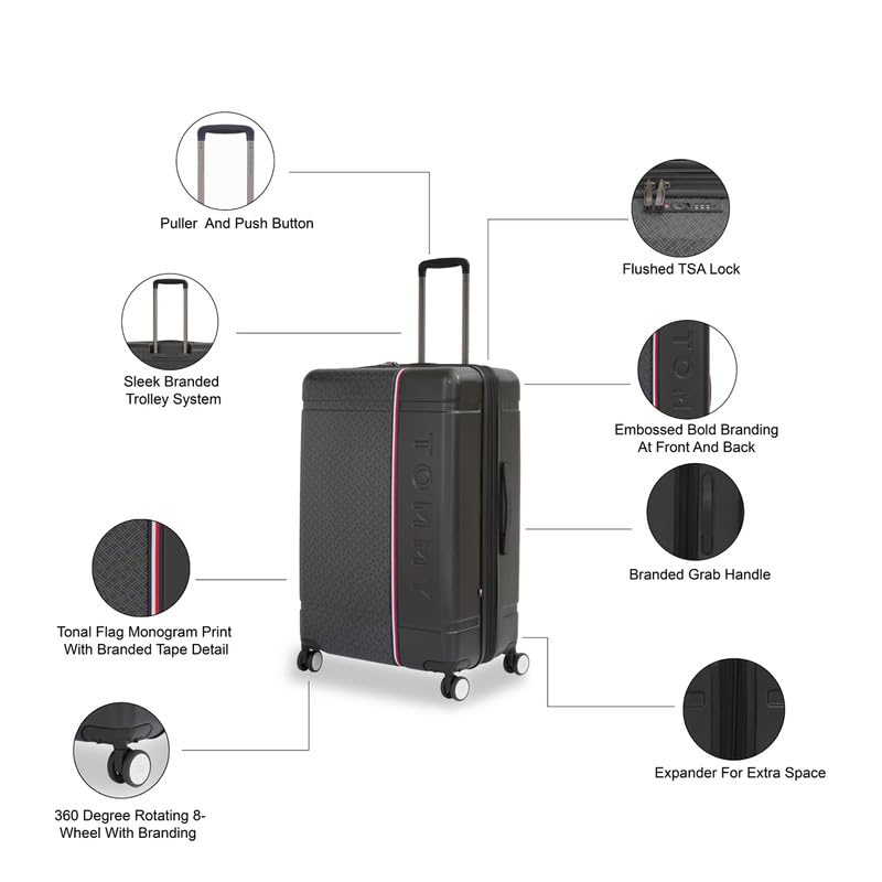 Image of Tommy Hilfiger Millennia Large Hard Luggage - Black |Check-in Trolley Bag with TSA Lock | 360 Spinner Double Wheels | Telescopic Handle | Polycarbonate Hardshell Suitcase | 89L Capacity | 78cm