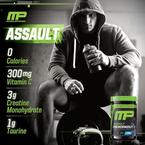 Image of Muscle Pharm Assault Pre Workout Powder for Men & Women - Packed with Beta Alanine, Caffeine, Creatine & Betaine Anhydrous - Endurance & Strength Booster- 30 Servings, Blue Raspberry Flavor