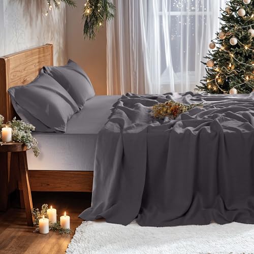 Image of 100% Pure Linen Sheet Set for Hot Sleepers 4pcs Sheet Set 1 Flat Sheet, 1 Fitted Sheet, 2 Pillowcases (Dark Gray Queen)