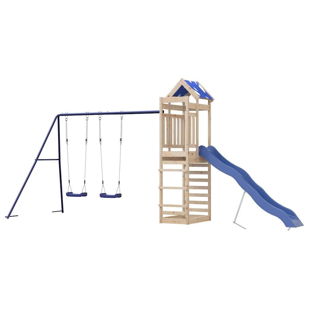 Torre da gioco in legno di pino massiccio con scivolo ondulato, doppia altalena, sabbiera e tetto a nuvola, piattaforma da 118 cm, giocattolo da giardino per giardino, cortile e terrazza