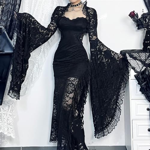 Women Punk Mesh Lace Bolero Shrug Top Bell Sleeve Gothic Sheer Grunge Y2K Black3