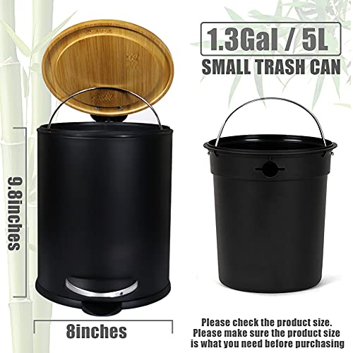 Sidianban Small Bathroom Trash Can With Bamboo Lid Soft Close And Foot Pedal, 1.3Gal/5L Round Garbage Can With Removable Inner Wastebasket For Bedroom, Powder Room, Craft Room, Office, Kitchen, Black #TOP1