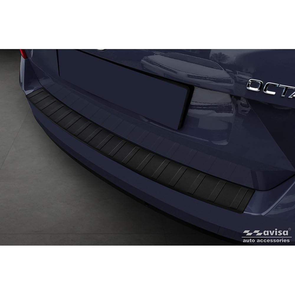Avisa Protector del Parachoques Trasero Inoxidable Negro Mate Compatible con Skoda Octavia III Combi (5E5) Facelift 2017-2020 'Ribs'