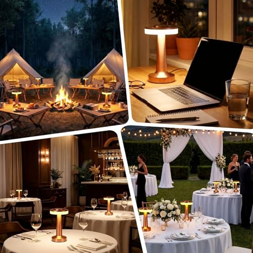 Image of Riakrum 1 Pcs LED Cordless Table Lamp Bulk Rechargeable,Rose Gold | Portable Wireless Lamps, 3 Color Stepless Dimming, 15 Hour Battery, Touch Control, Wedding Home Restaurant Decor