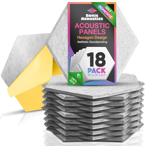 Acoustic Panels 18 Pack Soundproof Wall Panels, 14" X 12" X 0.4" Sound Proof Panles, High-Density Wall Decoration Sound Absorbing Panel, Hexagon Wall Panel for Home Office with Self-Adhesive(Gray)