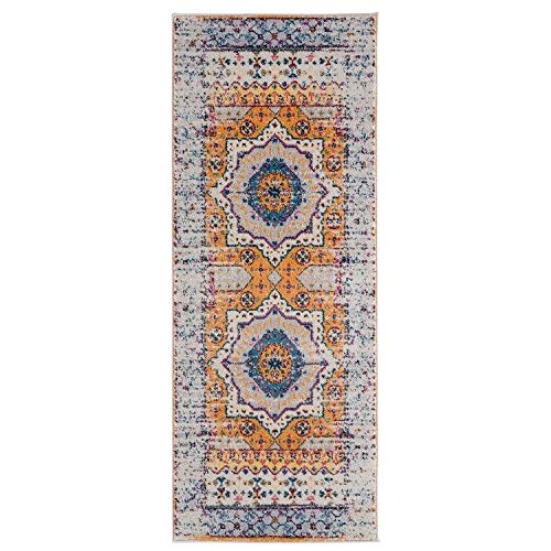 The Curated Nomad Meadowsweet Boho Medallion Area Rug Orange/Ivory 5'3" x 7'6" 5' x 8' Indoor Living Room, Bedroom, Dining Room Pink, Yellow,