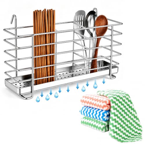 Daeheung Industries 304 Stainless Steel Utensil Drying Rack, 3 Compartments Utensil Drainage Basket with Hooks, Silverware Drying Rack Spoon Organizerfor Kitchen Countertops and Shower Room