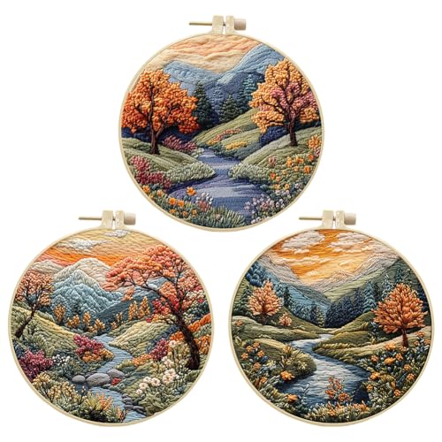 Image of EUBUY 3 Sets Embroidery Kit, Boho Nature Landscape Pre-Stamped Pattern Kits for Adults with Hoop Needles Threads, Nature Scenery Pattern for Craft Lover Hand Stitch