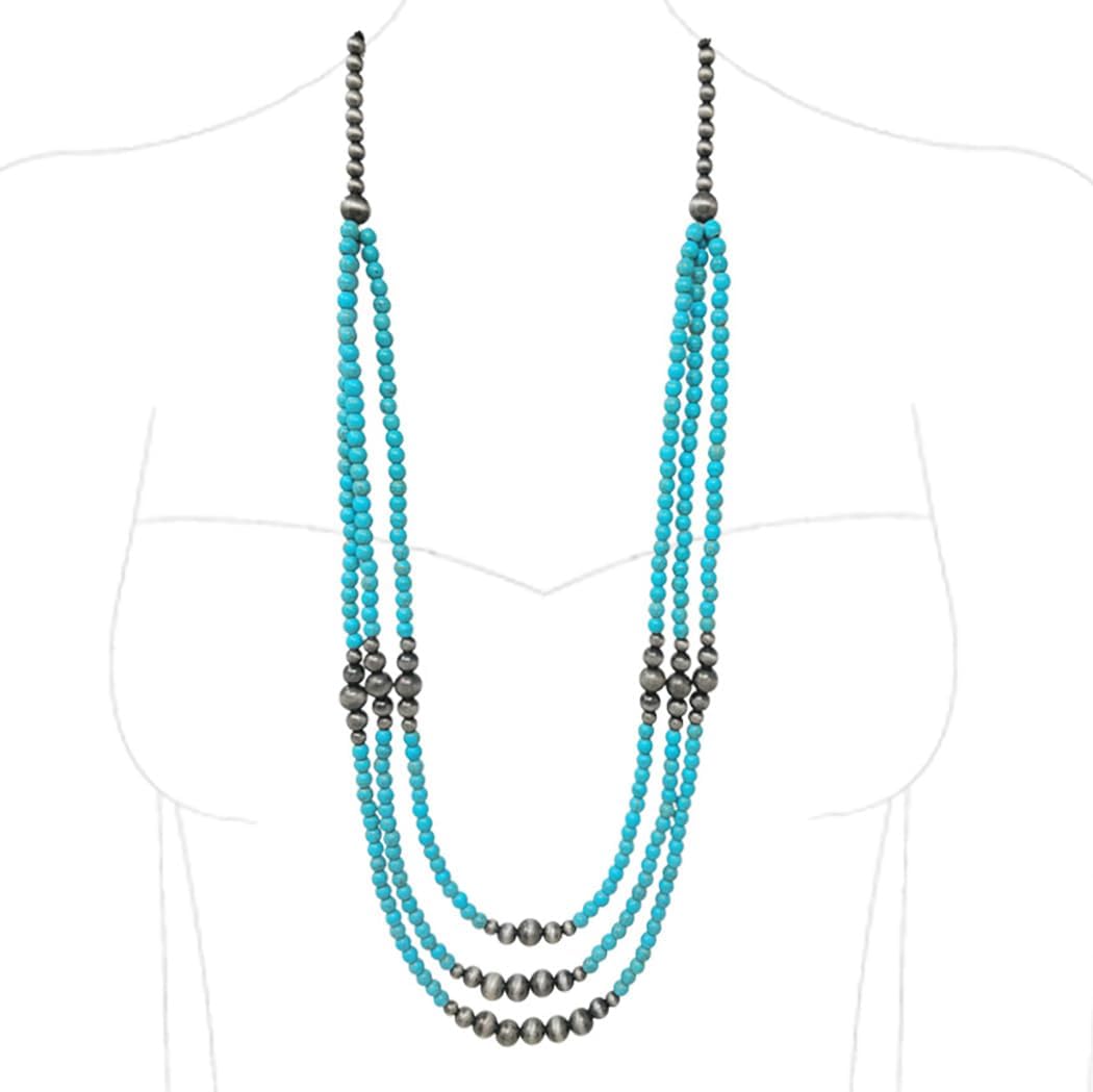 Rosemarie & Jubalee Southwestern Style Three-Strand Turquoise Howlite and Sonic Silver Bead Necklace, Traditional Native American Inspired Design