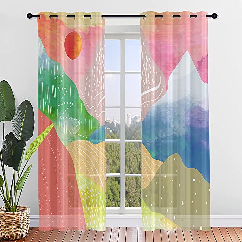 ENEN Rideaux Voilage Translucides, Rideau Voilage Lot de 2 Rideaux avec Oeillets pour Salon - Imprimé Montagnes Voilage Fenetre Moderne Panneaux de Rideaux...