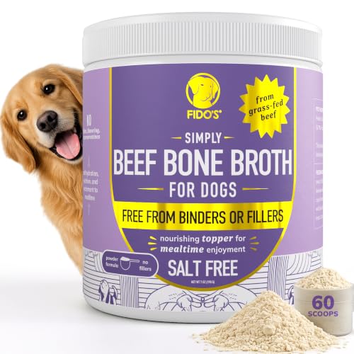 Fidos Grass-Fed Beef Bone Broth for Dogs 7oz with 91% Protein - Picky Eaters Human Grade Bone Broth Powder for Dogs - Made in USA - No Preservatives - Supports Joints + Gut Health - 60 Scoops