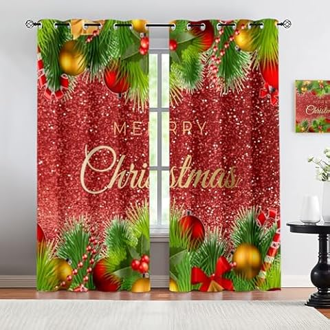 GKPLY Christmas Curtains 39 inch Length 2 Panels Set, Merry Christmas Curtains Winter Holiday Curtains Eyelet Room Darkening Grommet Curtains for Living Room Bedroom Cover