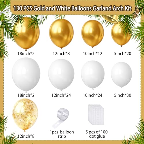Image of White and Gold Balloons Arch Kit,130pcs Gold and White Balloon Garland,Different Sizes White Latex Balloons for Wedding,Engagements,Birthday,Baby Shower Anniversary Decorations