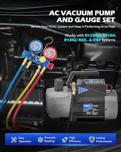 Image of Orion Motor Tech A2L AC Vacuum Pump and Gauge Set, 5 cfm 2 Stage Sparkless Ignition Proof Vacuum Pump for R1234yf R32 R134a R410A System, with 4 Way AC Gauges Quick Couplers Thermometer Can Taps Hoses