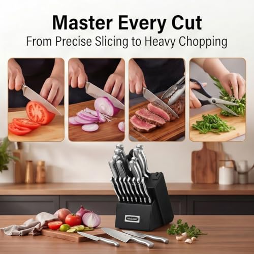 Image of McCook Knife Sets,German Stainless Steel Kitchen Knives Block Set with Built-in Sharpener, 20 Piece Razor-Sharp Kitchen Knives, Anti-Rust, Ergonomic Design, Elegant Box for Gift