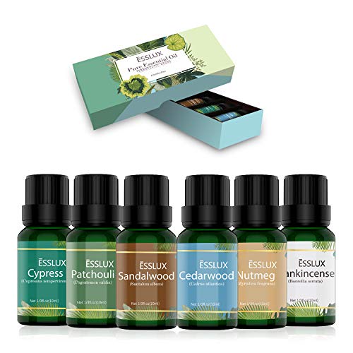 Woodsy Essential Oils Set, ESSLUX 100% Natural Aromatherapy Essential Oils Gift Set for Diffuser, Cedarwood, Patchouli, Sandalwood, Frankincense, Cypress, Nutmeg Oil, 6x10ml Woodsy Essential Oils Set, ESSLUX 100% Natural Aromatherapy Essential Oils Gift Set for Diffuser, Cedarwood, Patchouli, Sandalwood, Frankincense, Cypress, Nutmeg Oil, 6x10ml