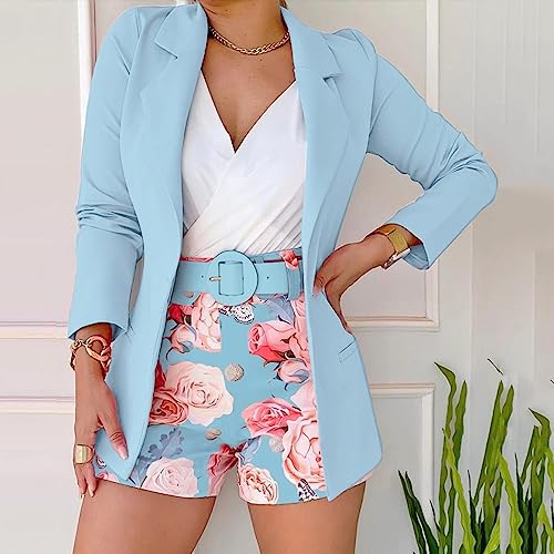 Blazer Sets Women 2 Piece Outfits with Belt Business Casual Jackets Elegant Cardigan Coat Floral Shorts Suit2