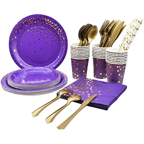Purple Disposable Cutlery Tableware Sets Serve 25 Guests 200PCS Disposable Purple and Golden Dot Party Plates and Cups and Napkins Sets with Knives Forks Spoons Straws Cover