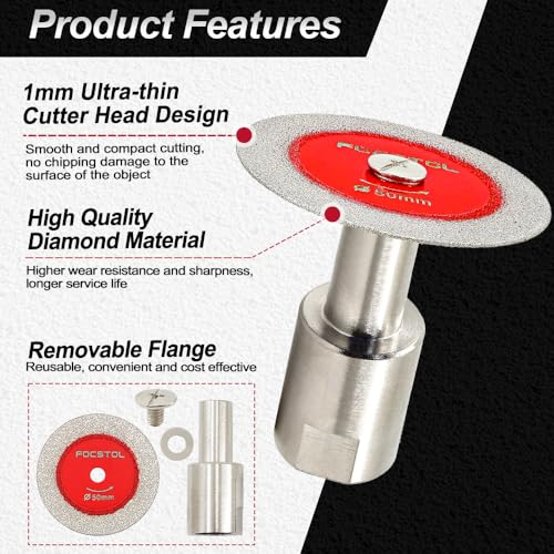 Miniatura 5 de Focstol Disco Corte Vidrio - 5 Piezas 50mm Disco Diamante Para Cortar Vidrio Y 1 Pieza M14 Brida Para Jade Mármol Granito Piedra Artificial Porcelanico Azulejo Cerámica