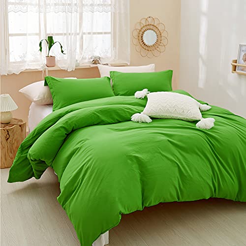 Bedding Duvet Cover Set King Size, 100% Washed Microfiber Comforter Cover, 3 Pieces (1 Green Duvet Cover, 2 Pillow Shams) Ultra Soft Breathable, Simple Style Farmhouse Quilt Duvet Cover