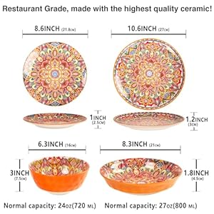 Mandala Dinnerware Sets 16Pcs Serves for 4 Buffet Dinnerware Boho Plates and Bowls Set with 83 salad Plate 86 Plate 106 dinner Plate 64 bowl apply Indoor Outdoor Dining