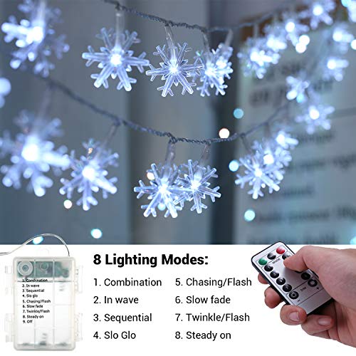 Brizlabs Snowflake Christmas Lights, 16.08Ft 40 Led Christmas Lights With Remote, Snowflake String Lights Battery Operated, 8 Modes Xmas Lights Waterproof For Outdoor Indoor Decorations, Cool White #TOP5