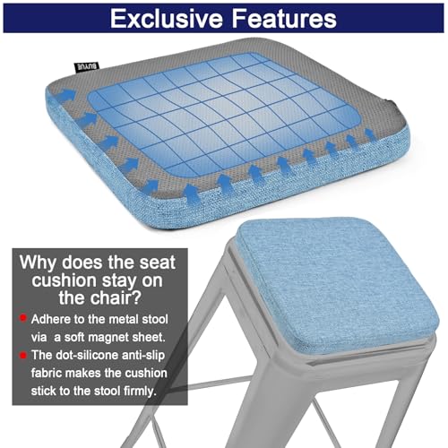 Image of BUYUE Friendly Woven Fabric Magnetic Bar Stool Cushions Set of 4, Enhanced Anti-Slip Breathable Small Chair Seat Pads for Cafe Bistro Stackable Metal Stools (Square, Light Blue, 4 Counts)