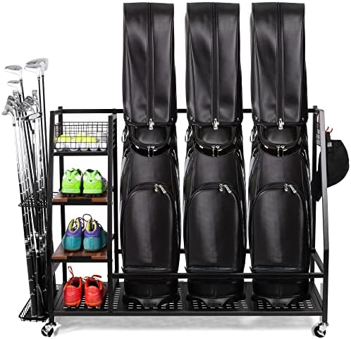 Golf Storage Rack with Lockable 360° Wheels, Heavy-Duty Metal Golf Storage Organiser with Wooden Shelves & Hooks, Golf Club Stand for 2/3 Bags, for Shoes/Indoor/Garage, Up to 136kg/300lbs Golf Storage Rack with Lockable 360° Wheels, Heavy-Duty Metal Golf Storage Organiser with Wooden Shelves & Hooks, Golf Club Stand for 2/3 Bags, for Shoes/Indoor/Garage, Up to 136kg/300lbs