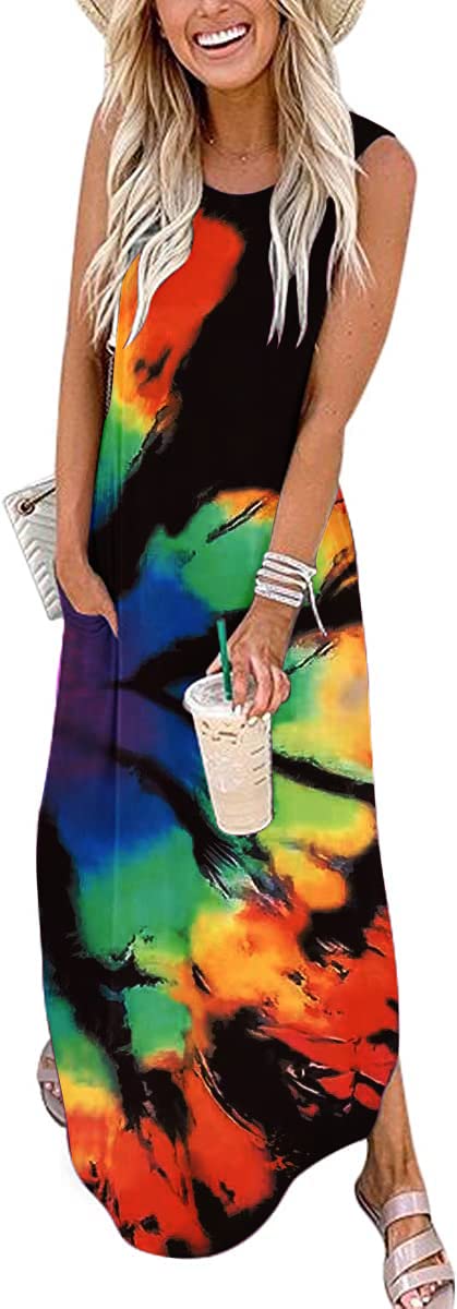Cuptacc Vestido de verano para mujer, largo, sin mangas, 2024, estampado floral, vestido de playa, vestido largo con bolsillos, elegante