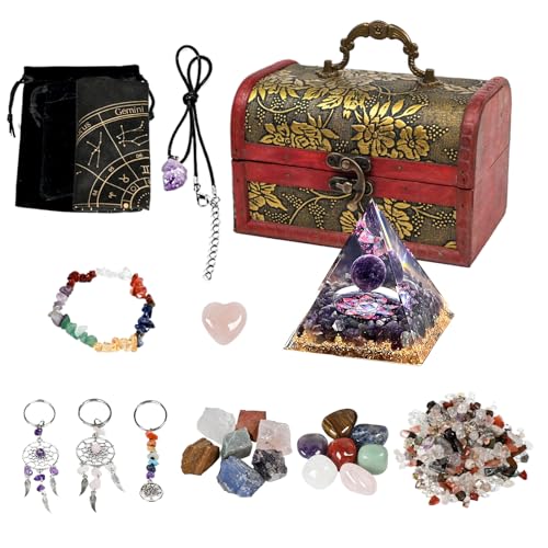 ycyingcheng 26PCS Healing Crystals Set, Crystals And Gemstones Set, 7 Raw and Polished Chakra Healing Crystals in Wooden Gift Box, Car Keychain Pendant for Reiki, Meditation, Christmas Birthday