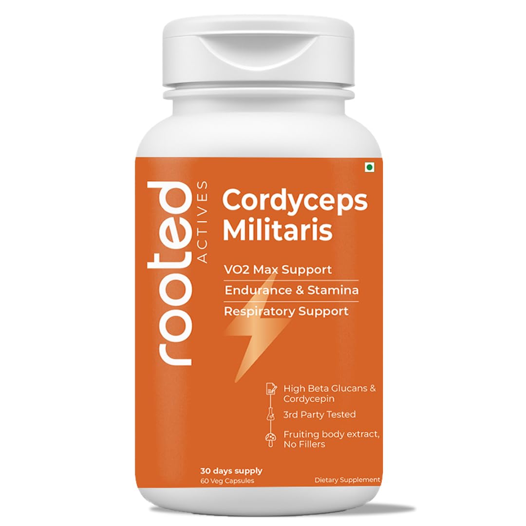 Rooted Actives Cordyceps Militaris Mushroom Extract 500mg | Fruiting Body | Supports VO₂ Max, Endurance & Respiratory Health | 60 Veg Capsules