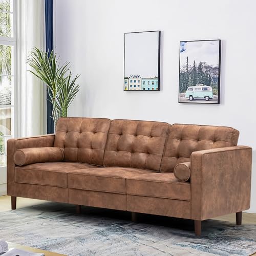 Image of 84 inch Suede Leather Sofa with 2 Soft Pillows, Tufted Modern Sofa with Sturdy Wooden Legs, 3 Seats Couch for Living Room, Office, Bedroom, Brown
