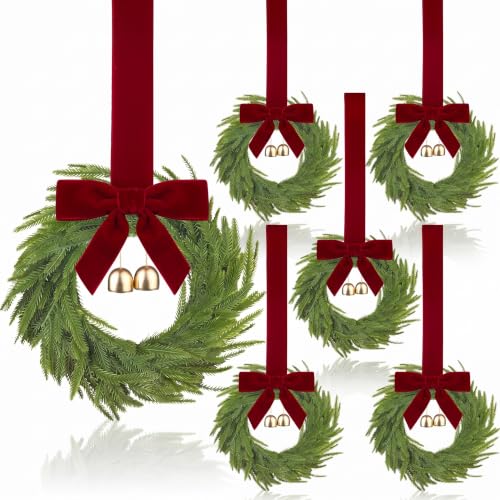 Dingion 6 Pcs 6 Inch Mini Christmas Cabinet Wreath with Burgundy Bow